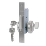 Cerradura de embutir de seguridad puerta corredera, cilindro exterior y seguro interior. Cerrojo doble enganche. (Acero inoxidable 304).